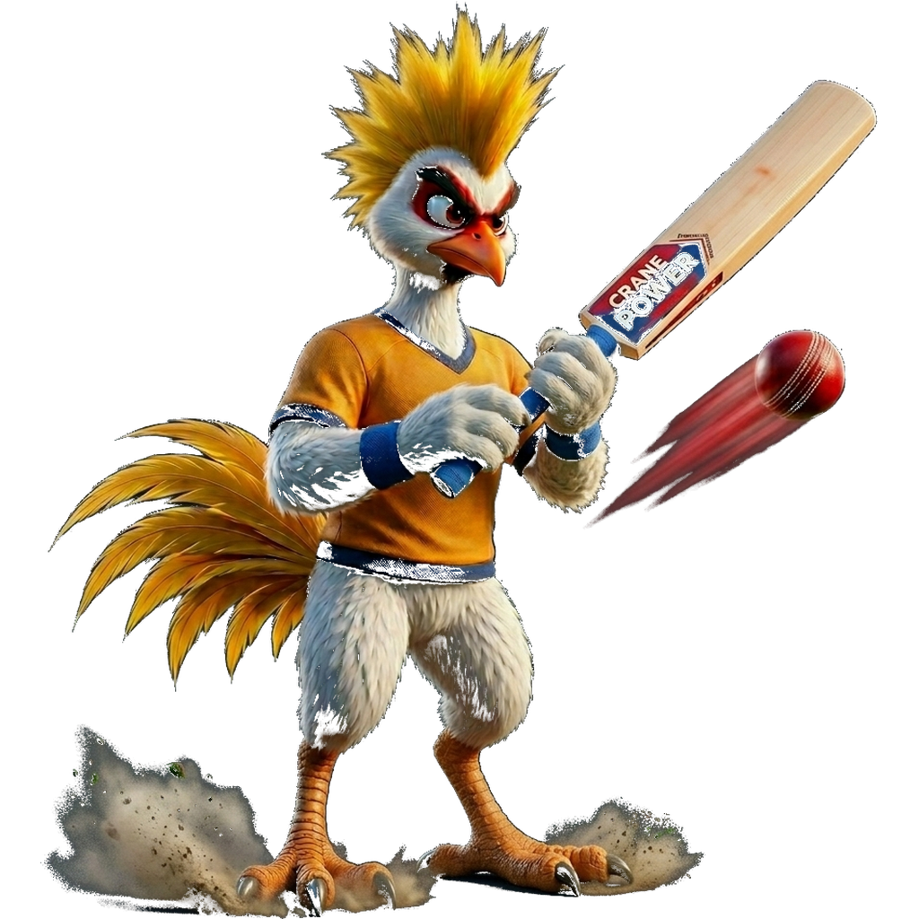 Crane mascot playing cricket